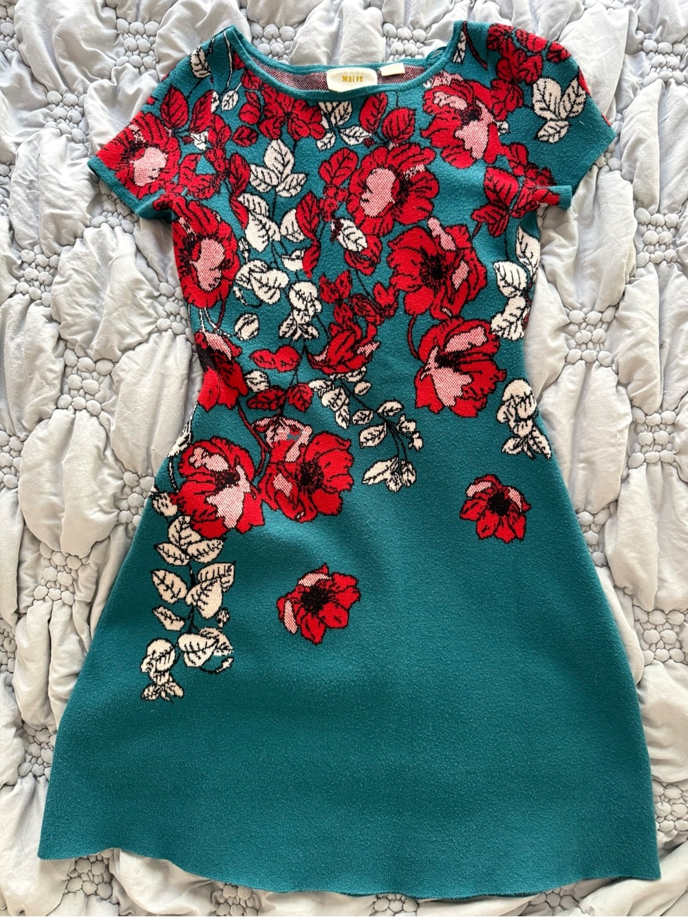 Maeve by Anthropologie Teal Floral Knit Fit-and-Flare Dress - Red Floral Pattern